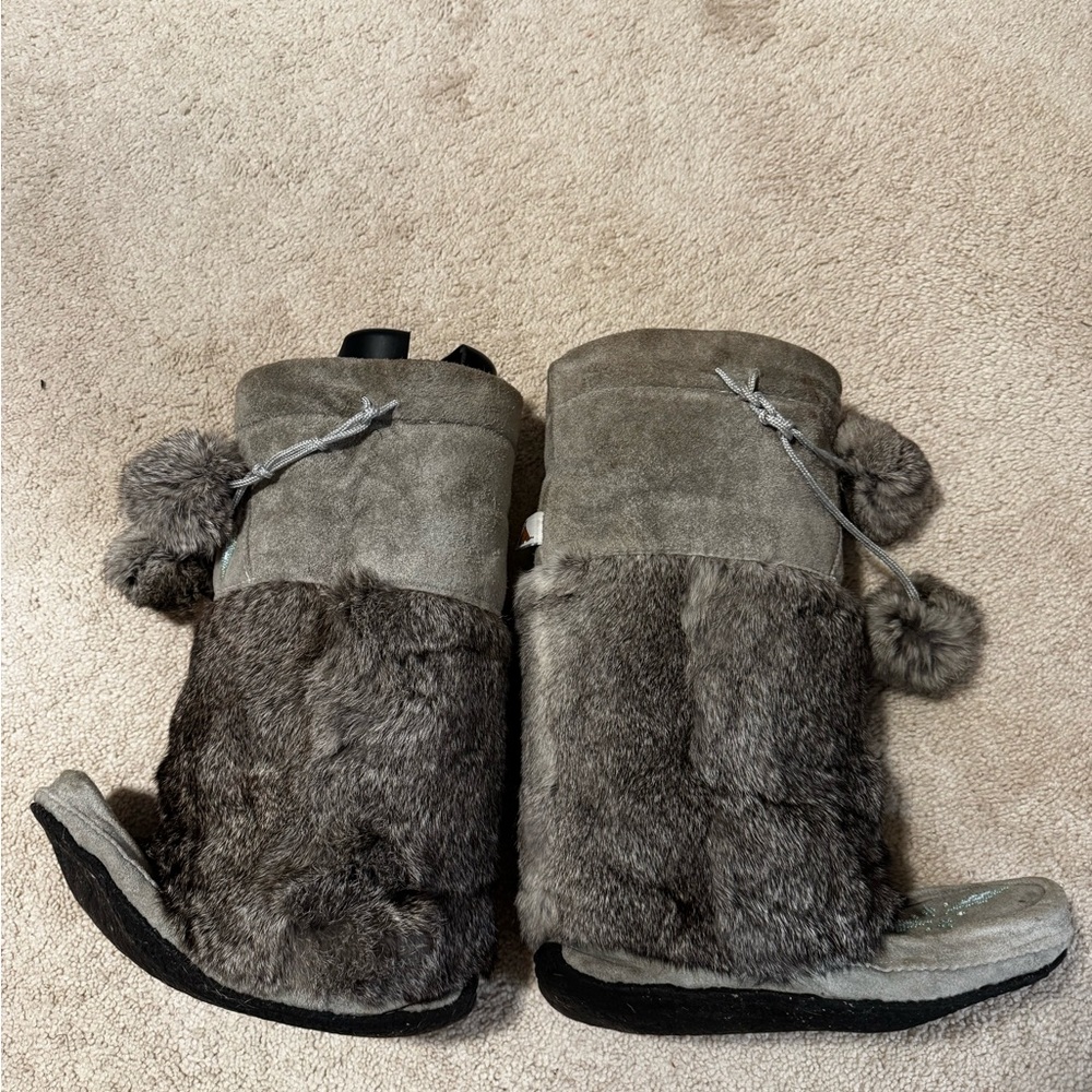 Muk Luks Gray Faux Fur Winter Boots with Pom Poms